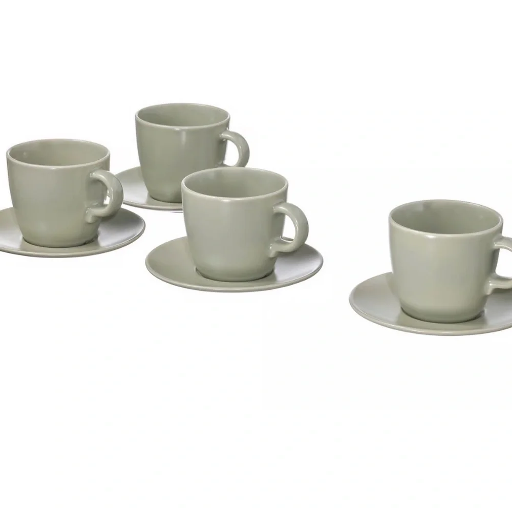 IKEA FÄRGKLAR series of dinnerware cups with saucers Matte Green Set of Two